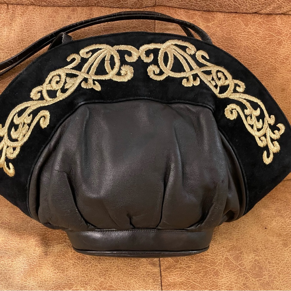Vintage Black Genuine Leather & Gold Embroidered Suede Bag